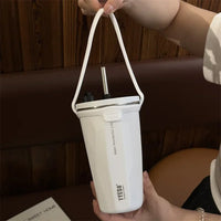 Stainless Steel Vacuum Insulated Coffee Mugs with Straw and Silicone Rope Portable Large Capacity Ice Bar Thermal Water Cup