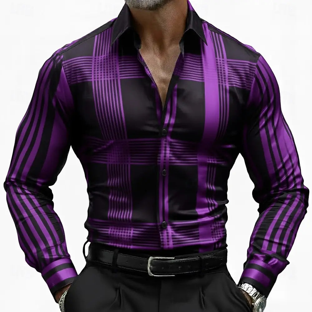 Men's Geometric Striped Grid  Plaid Shirt Long Sleeve Business Casual Vacation  Summer Spring Turndown 3D Print Button Up Shirts