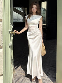 Retro Ele White Lace Satin Patchwork Design High Waist Slimming Long Skirt  Dr Soft Polyester Summer Gown