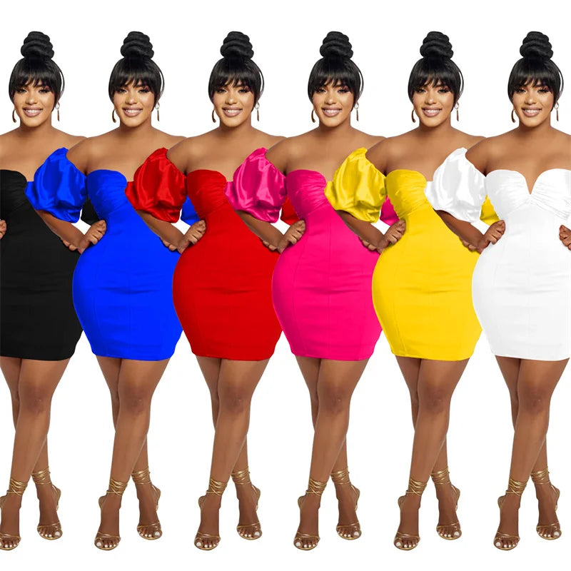 Women's Elegant Backless Puff Sleeve Ruched Bodycon Mini Dress Sexy Off the Shoulder Strapless Birthday Night Club Party