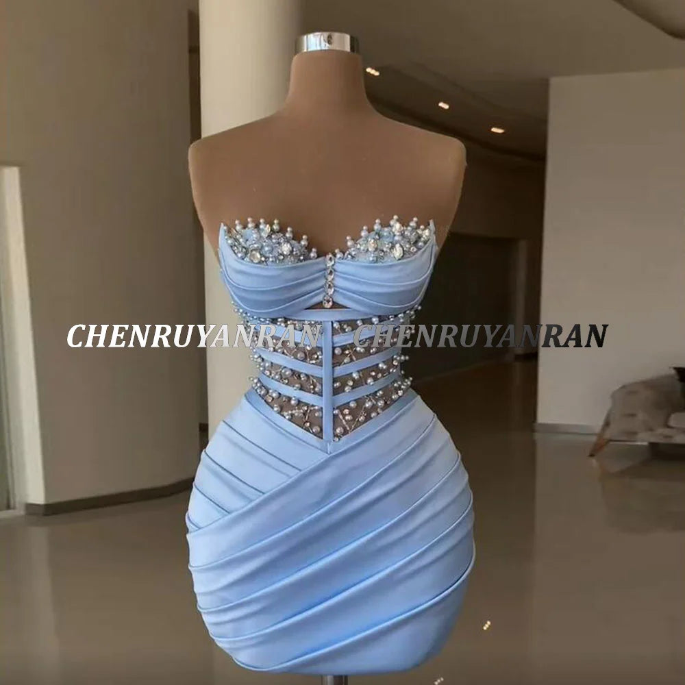 Sky Blue Cocktail Dresses 2022 Sweetheart Bead Sheath Mini Evening Formal Gown Pleat Satin Elegant Dress Women For Wedding Party