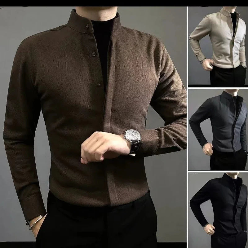 Business Casual Men Shirts Spring Autumn New Solid Lapel Covered Button Korean Streetwear Fashion Office Social Long Sleeve Tops