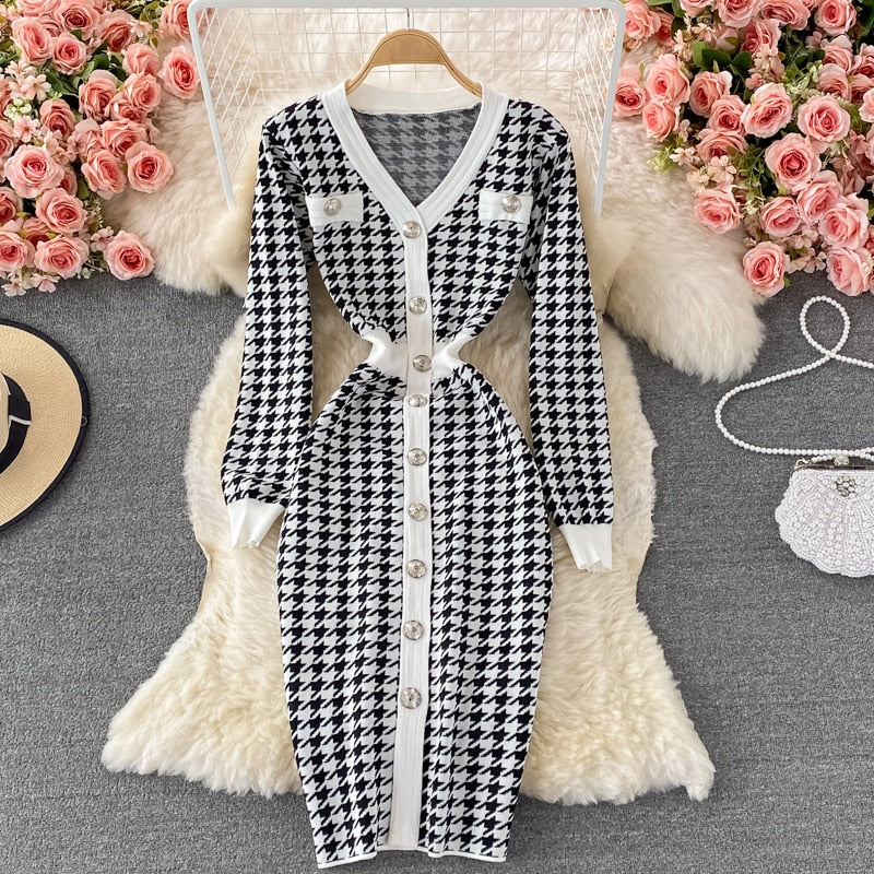 Sexy Elegant Temperament V-neck Hit Color Dress Office Lady Single-breasted Houndstooth Dress