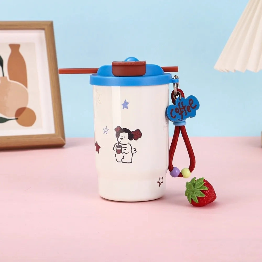 Stainless Steel Double Drink Insulated Cup Leak-Proof Cartoon Vacuum Straw Cup with Straw Vacuum Insulated Coffee Cup Hiking