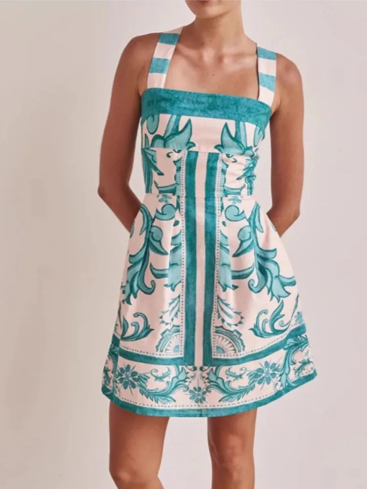 Women Summer Sexy Printed A-line Mini Dress Fashion Casual Blackless Sleeveless High Waist Off Shoulder Vestidos Party Dresses