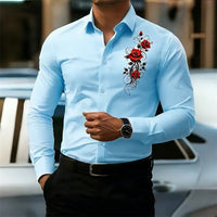 Men's long-sleeved shirt, featuring a vintage red rose print design.  A stylish business casual shirt and fashionable men's top.