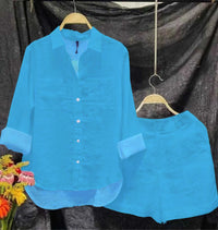 2025 Summer Cotton Linen Casual Shirt Two Piece Set For Women Shorts 2 Piece Sets Outfit Long Sleeve Short Sets Outfits Home