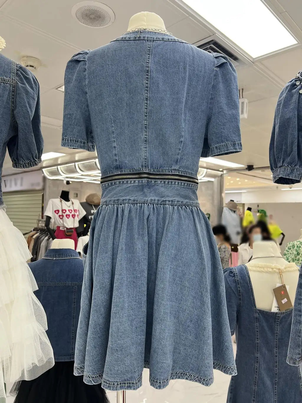 Summer new bubble sleeve v neck denim dress women slim waist denim A line dress bow zip