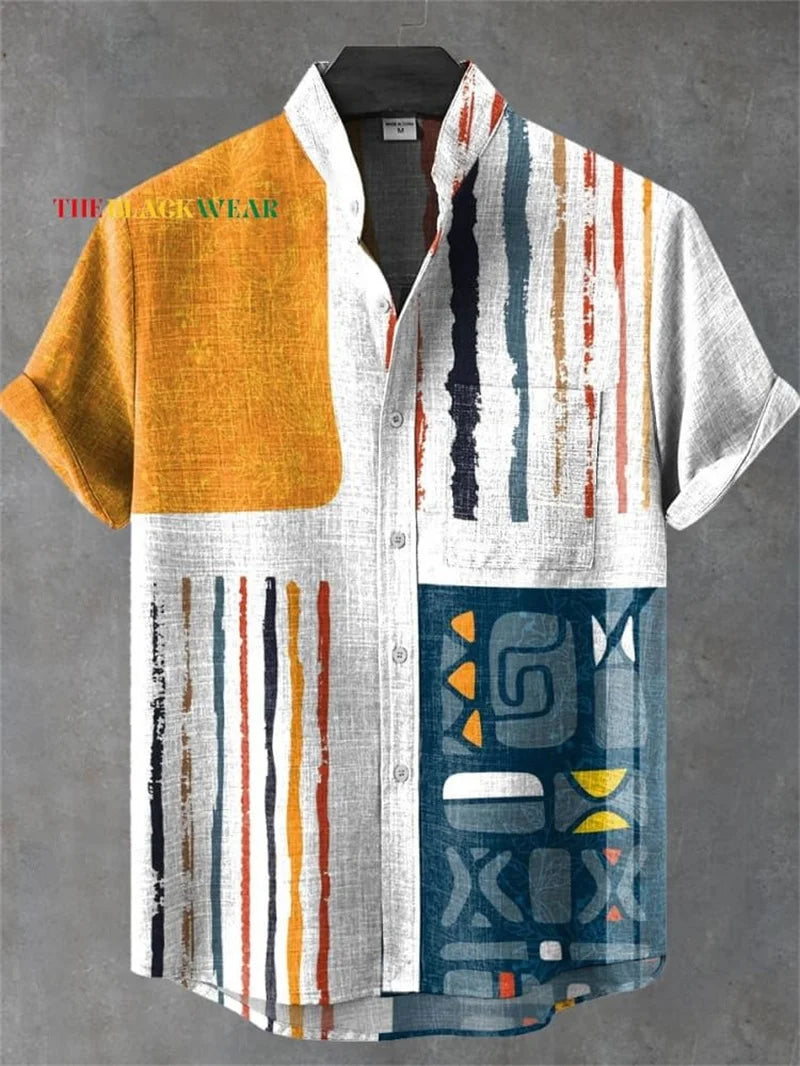 Men's Short Sleeve Shirt High Quality Vintage Ethnic Style Floral Geometric Striped Neckline Art Print Casual Linen Shirt