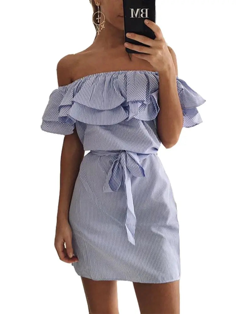 Off Shoulder Strapless Striped Ruffles Dress Women 2023 Summer Sundresses Beach Casual Shirt Short Mini Party Dresses Robe Femme