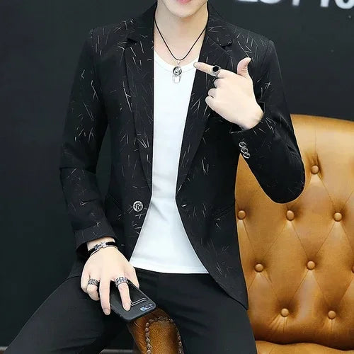 Men's Korean Slim Suit Blazer Men's Summer Handsome Personality Printed Small Suit Night Men's Casual Suit Thin Jacket