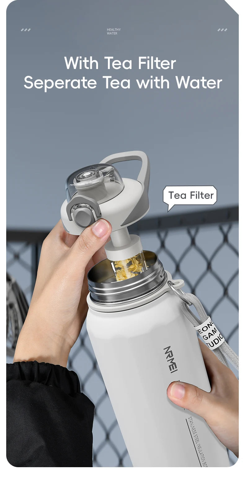 One Button Open Water Bottle with Lifting Rope, Large Capacity Stainless Steel Thermos Bottle,Outdoor Sport Vacuum Flasks