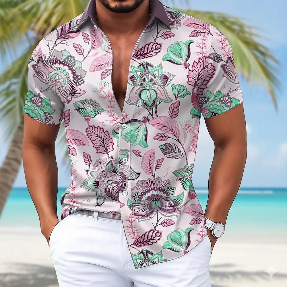 Men's Floral Palm Leaf Tropical Hawaiian Shirt, Short Sleeve 3D Print Button Up Shirt, Blue Pink Green Khaki