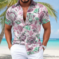 Men's Floral Palm Leaf Tropical Hawaiian Shirt, Short Sleeve 3D Print Button Up Shirt, Blue Pink Green Khaki