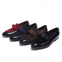 Handmade Mens Loafer Shoes Genuine Patent Leather Suede Patchwork with Bow Tie Wedding Footwear Banquet Dress Shoes for Men