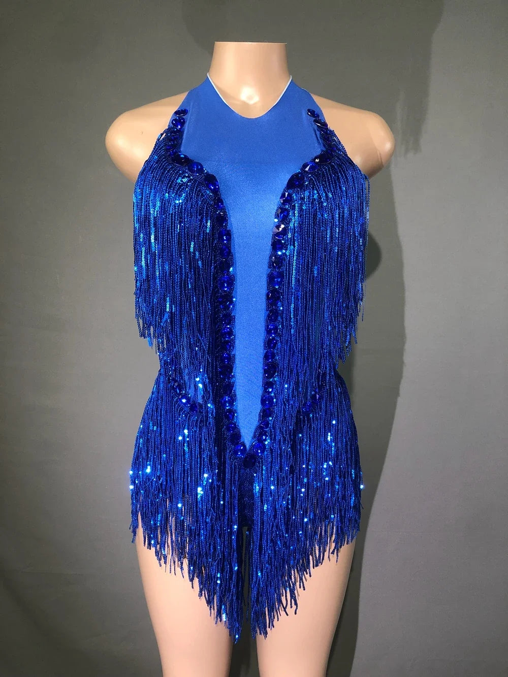 Sparkly Hot Pink Crystals Sequins Fringes Bodysuit for Women Sexy Backless Dance Costume Dancer Performance Show Stage Wear