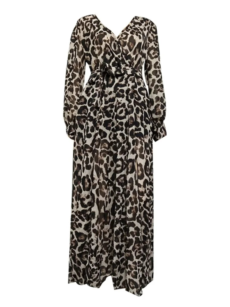 Dress Women Long Sleeve 2023 Autumn New Temperament Casual Chiffon Dress Fashion V Neck Leopard Big Hem Dresses With Belt