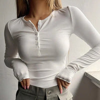 Women Autumn Spring Top O Neck Button Long Sleeve Slim Fit Pullover Soft Breathable Elastic Simple Style Women T-shirt Blouse