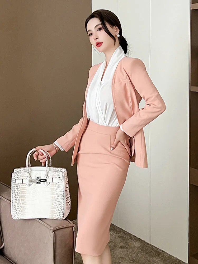 Spring Autumn 2 Piece Outfit Suits Women Professional Formal Commute Pink Tops Coat Blazer Suit High Waist Midi Skirt Pencil Set