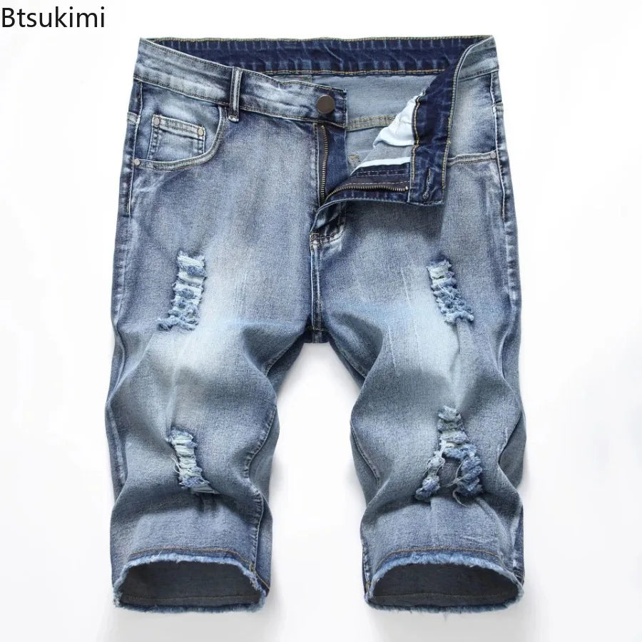 2026 New Denim Shorts for Men Fashion Casual Stretch Straight Short Jeans Men Summer Trend Holes Slim Fit Cowboy Short Trousers