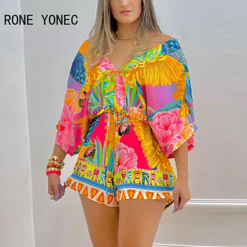 Women Sexy All Over Print with Floral Pattern Short Batwing Sleeves Lace Up Vacation Rompers