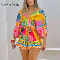 Women Sexy All Over Print with Floral Pattern Short Batwing Sleeves Lace Up Vacation Rompers