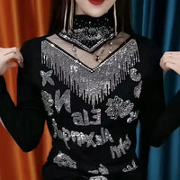 Spring Autumn New Elegant Hollow Out Half High Neck T-shirt Fashion Solid All-match Bottoming Shirt Casual Office Women Clothing