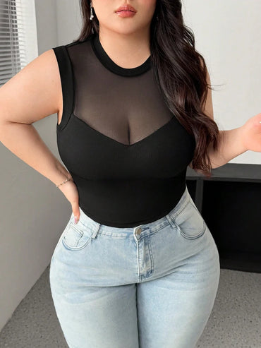 Plus Size Women's 2025 Summer New Sleeveless Round Neck Mesh See Through Sexy Mesh Splicing Black Blouse T Shirt Polyester
