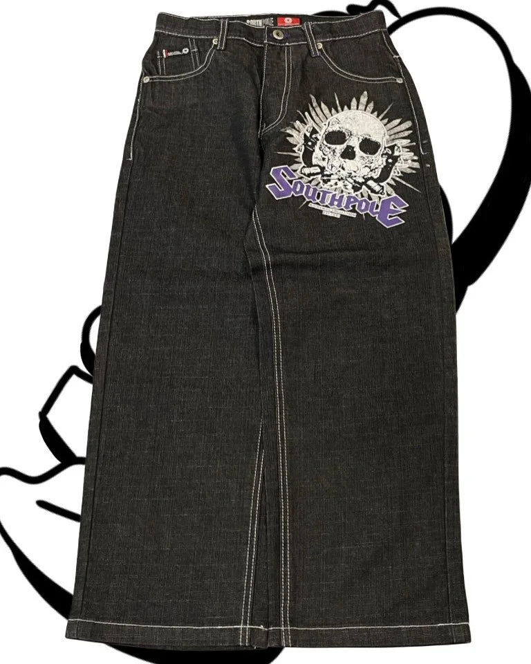 2000s washing old vintage printed jeans men gothic trend loose pants super large washing hip hop fashion wide pants