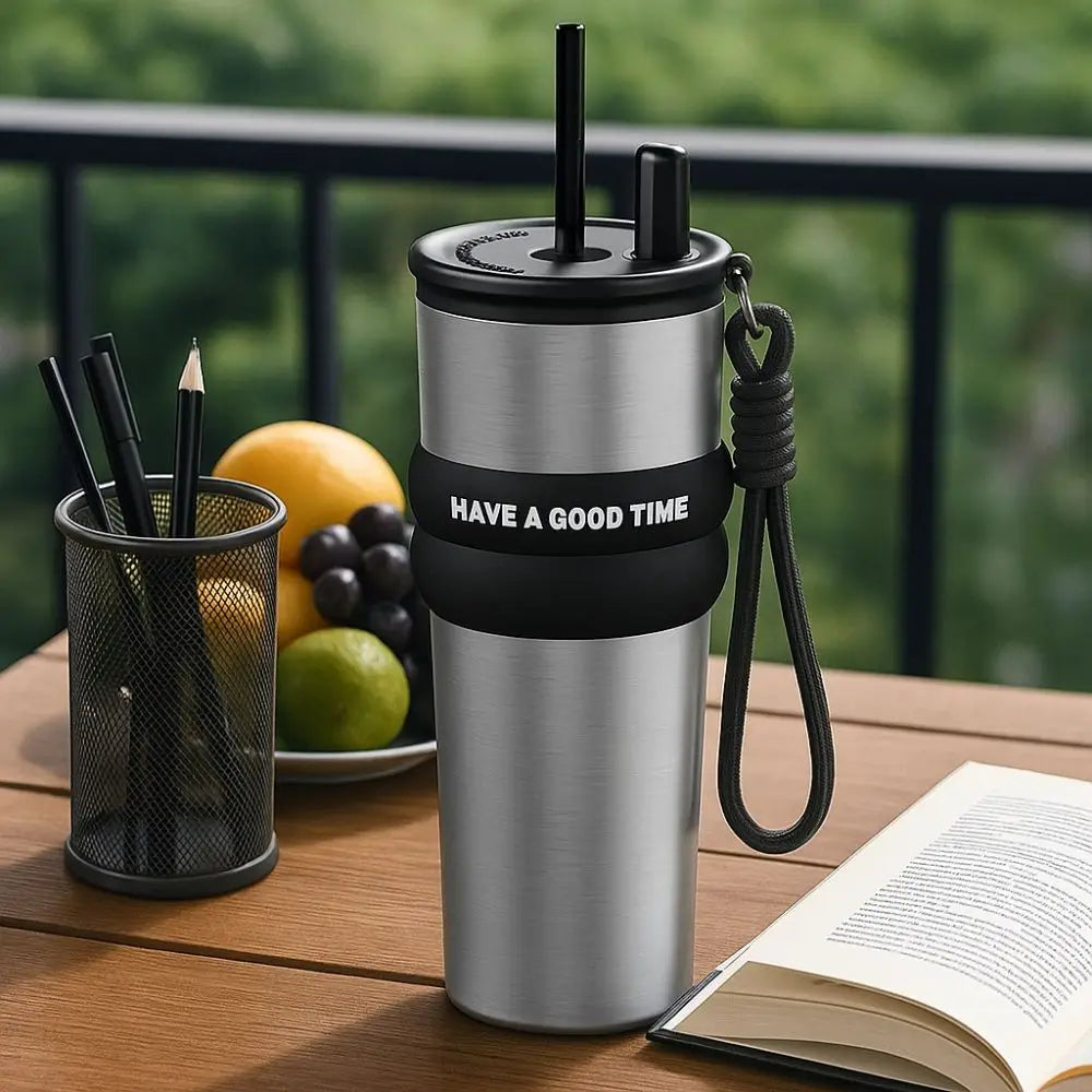 Stainless Steel Vacuum Insulated Bottle Large Caliber Large Capacity Thermal Cup With Straw with Lifting Rope Insulated Cup Car