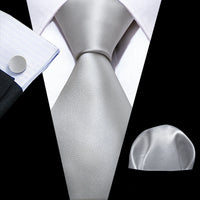 Barry.Wang Black White Gray Silver Men Tie Handkerchief Cufflinks Set Jacquard Necktie for Male Wedding Business Party Gift
