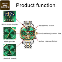 OLEVS Watch For Men Luxury Automatic Skeleton Mechanical Men Watches Waterproof Moon Phase Wristwatch Stainless Steel Men Watch