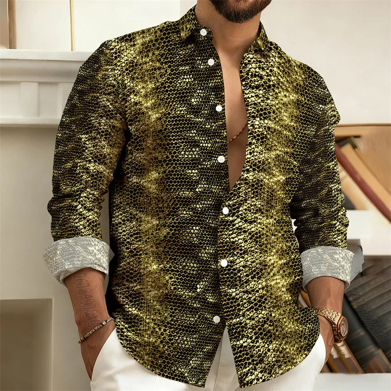 2026 New Men's Shirt: Snake-Print Long-Sleeve Shirt  Stylish Slim-Fit Turn-Down Collar Shirt, Streetwear Trend, Hawaiian Style