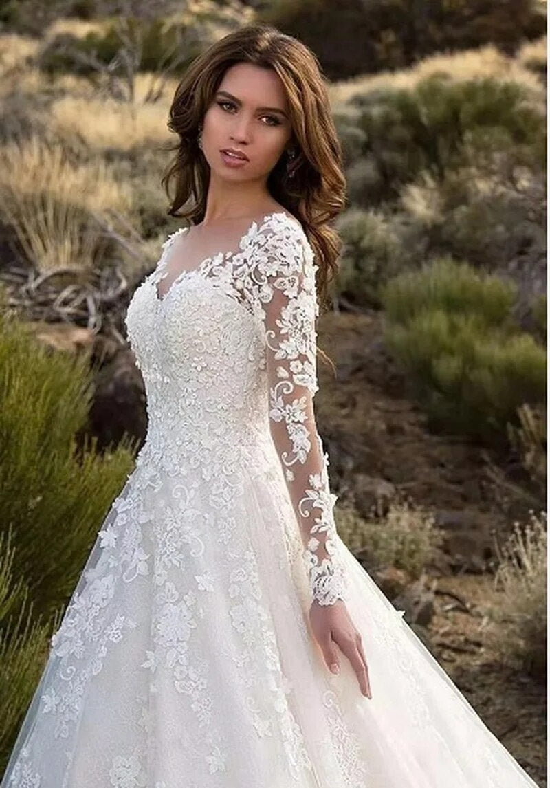 Elegant Wedding Dress Women Long Sleeve V Neck Lace Floor-Length Bride Clothing White Fashion Party Church Formal Wear Dresses