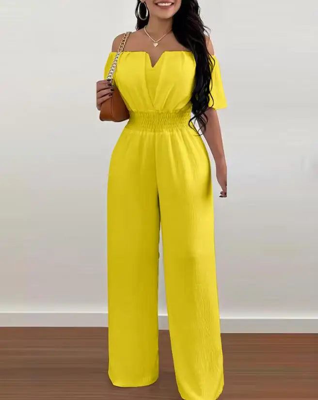 Jumpsuits for Women 2025 Spring Fashion Off Shoulder Casual Plain Short Sleeve Shirred Waist Daily Long Wide Leg Jumpsuit 2025