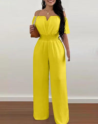 Jumpsuits for Women 2025 Spring Fashion Off Shoulder Casual Plain Short Sleeve Shirred Waist Daily Long Wide Leg Jumpsuit 2025