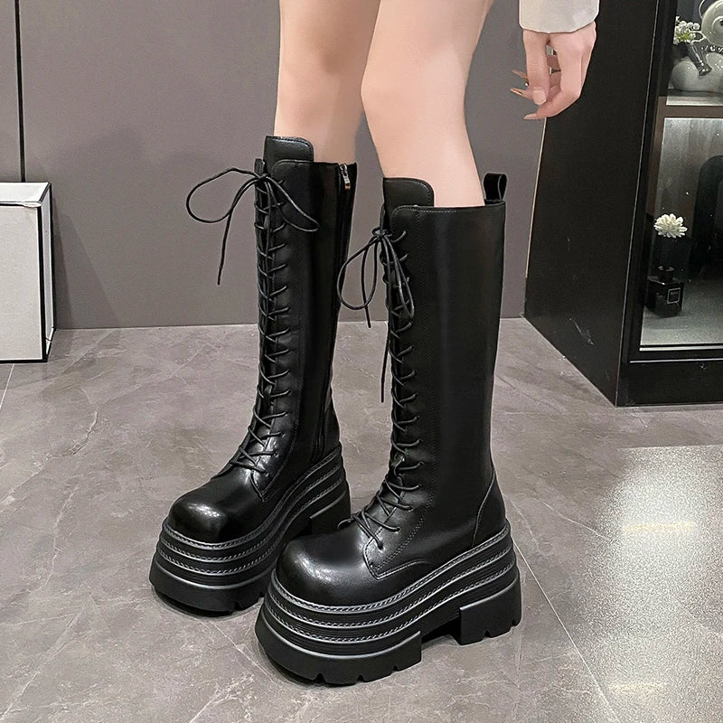 New Autumn Knee High Boots Women Chunky Leather Long Boots Woman High Heels Punk Shoes Winter 9CM Platform Motorcycle Booties