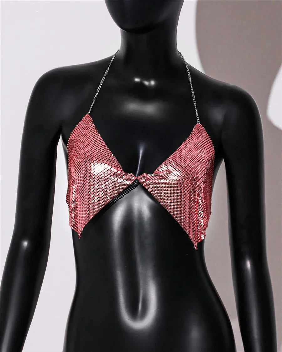 AKYZO Fashion Metal Sequins Camisole Summer Women Backless Halter Neck Off The Shoulder Crop Top Rave Vocal Concert Tank Top