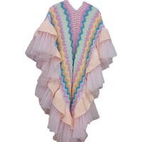 3D Flowers Embroidered Rainbow Knitted Shawl Mesh Spliced Ruffles Sweater Coat Irregular Gauze Ruched Scarf Cape Cardigan Poncho