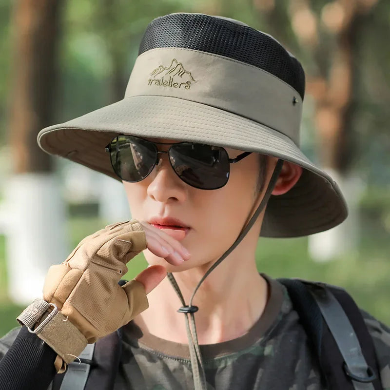UPF 50+ Wide Brim Fisherman Hat Mesh Breathable Sun Hat for Fishing Hiking Outdoor Windproof Sunscreen Cap 56-59cm Hats for Men