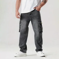 Korean Casual Comfortable Loose Fitting Jeans For Men Large Pocket Jeans Seasons Straight Leg Pants Work Pants