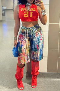 Denim Shorts Women Knee Length Straight Jeans Print High Waist Distressed Washed Summer 2025 Streetwear Vintage Short Pants