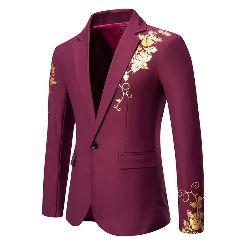 Metal-printed Men's Long-sleeved Suit Jacket, White V-neck Blazers, Wine Red Wedding Party Performance Coat.European Sizes M-3XL