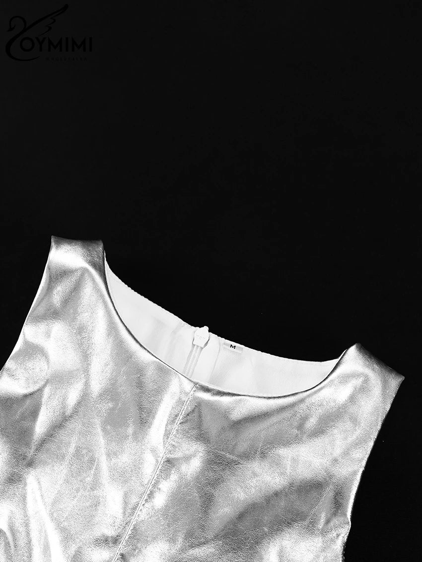 Oymimi Sexy Slim Sliver Pu Leather Dress Ladies Bodycon O-Neck Sleeveless Dress Elegant Classicc Party Dresses For Women 2023