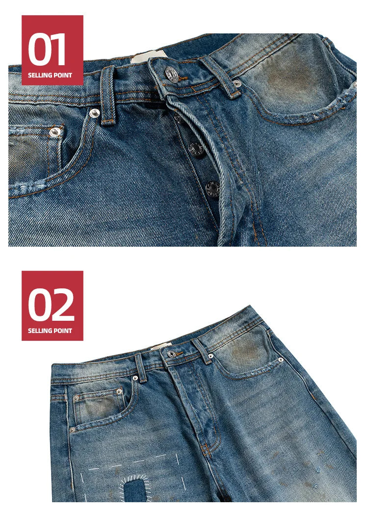 MIJKO Washed Frayed Vintage Jeans Pants Mens Straight Retro Casual Denim Trousers Cargos FJ069