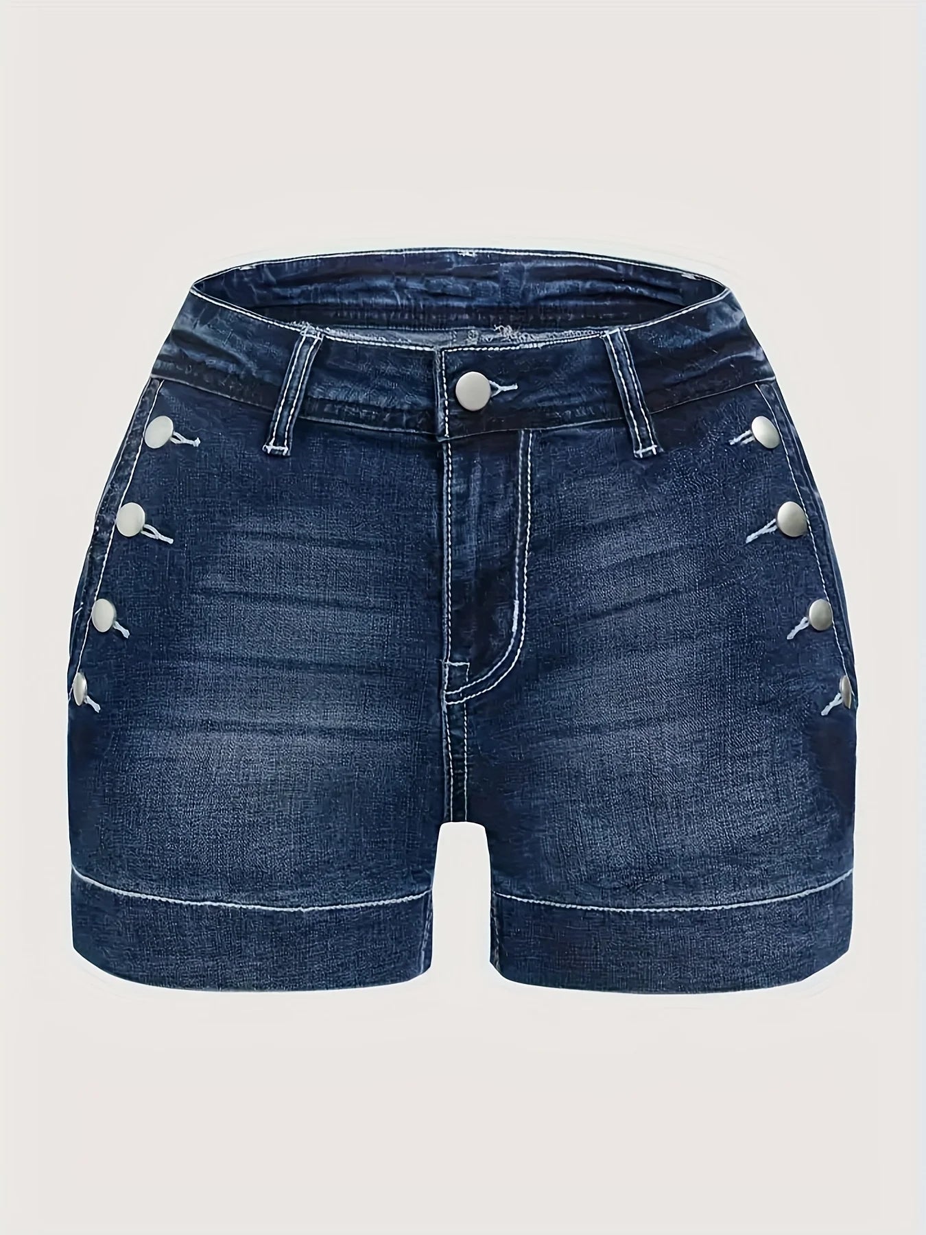 Ladies Mid-Waist Blue Elastic Denim Shorts with Wide Hem Front Pockets Diagonal Buttons Back Pocket Cover Buttons Elegant Casual