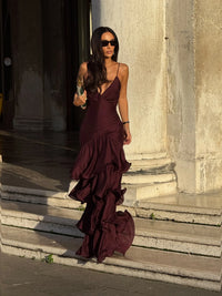 Elegant Solid Ruffled Sling Dress for Women Fashion Sleeveless Backless Party Maxi Dresses 2025 New Female Vacation Robes Street