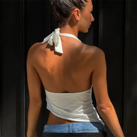 Casual Solid Women Halter Crop Top Y2K Elegant V neck Sleeveless Fold Summer Tees Formal Streetwear Sporty Female Vest