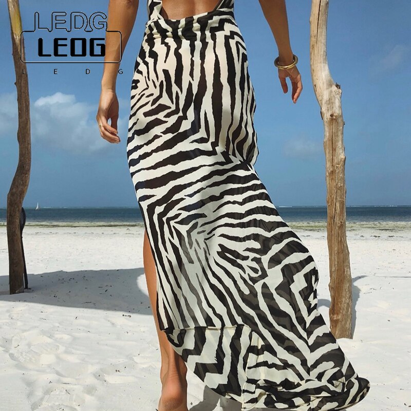 LEDP Women's Dress Y2k Elegant Beach Long Dress Women's Summer Sexy Straps Side Slit Club Party Dress Halter Zebra Sundress