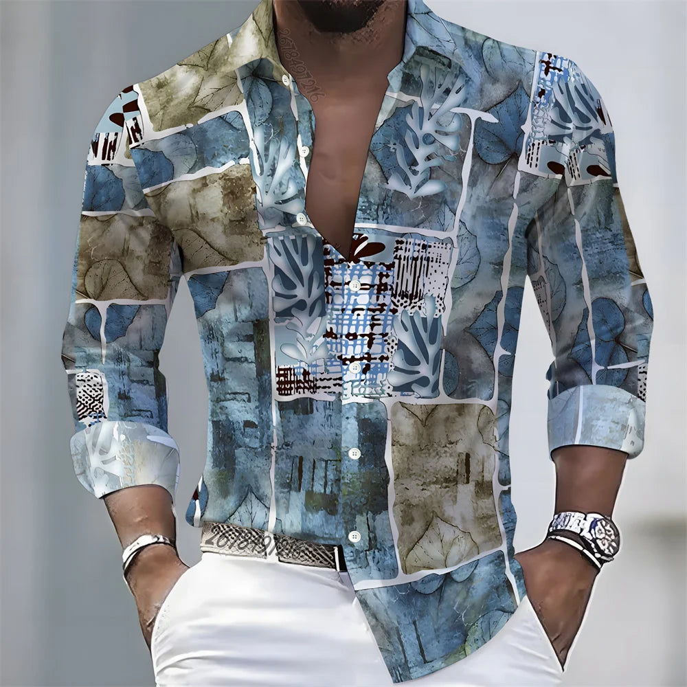 European and American style color-blocked geometric abstract print men's long-sleeved shirt, versatile top for spring and autumn